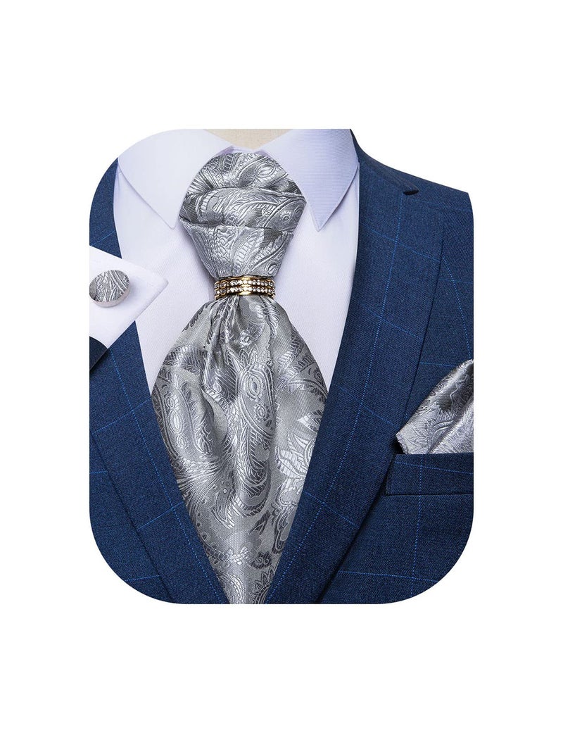 DiBanGu Men's Cravat Tie Grey Paisley Ascot Necktie and Pocket Square Cufflinks Tie Ring Set Wedding - Image 1
